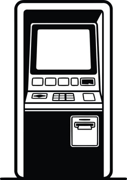 Black and white of an atm machine with screen, keypad, and card slot cash machine banking finance money