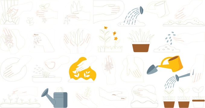 Gardening and plant care icon set featuring watering, planting, seed sowing, pruning and home agriculture activity vector illustrations collection