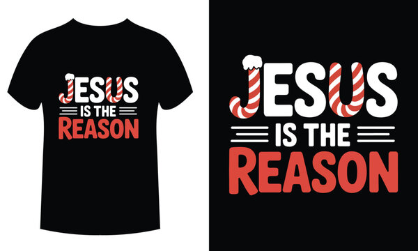 Jesus is the reason typography t-shirt design with candy cane elements for Christmas holiday.