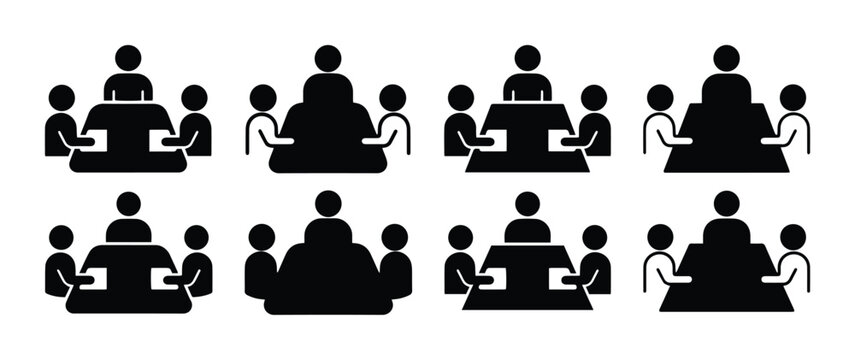 Business meeting icons set, professional conference and teamwork symbols, black and white office collaboration vector graphics for corporate presentations