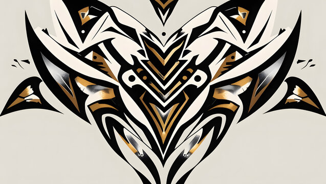 Tribal tattoo art illustration, symmetrical abstract black and gold ornament, sharp geometric pattern for apparel design