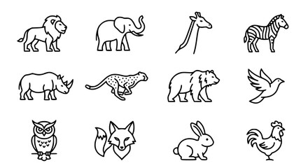 Savanna wildlife line icons set minimalist animal outline zoo safari vector collection © MdArif