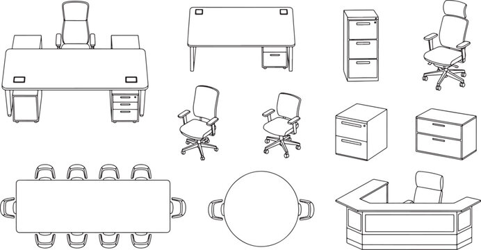 Office furniture set with desks chairs and storage units in a clean black and white line art style