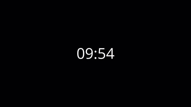 10 minute to 9 minute countdown timer animation on transparent background, ten to nine minutes timer animated video with alpha channel for presentation and educational content, ten minute 4k countdown