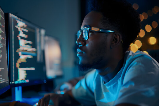 Side view of a young black man with glasses working on complex software development or coding on a computer screen late at night in a dark room with warm bokeh lights in the background.