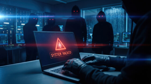 Laptop screen displaying a red system hacked alert while a person in black gloves types on the keyboard in a dark room with silhouettes of hooded figures with glowing red eyes in the background