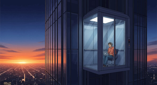 Focused young professional working on laptop inside a modern glass elevator with a stunning city skyline at sunset, urban productivity scene.