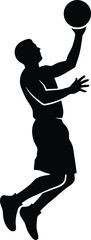Basketball Player Silhouette Jumping for Layup or Dunk, Professional Male Athlete Action Shot for Sports Branding, Basketball Club Logo, and Team Competition Concepts, Isolated Flat Icon © Mdsakil