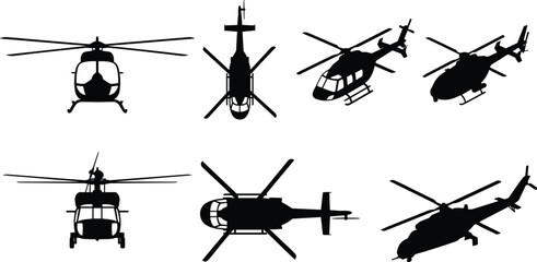 Helicopter Silhouette Icon Set with Different Helicopter Models and Top, Side, and Front Views for Aviation © Sabbir Studio