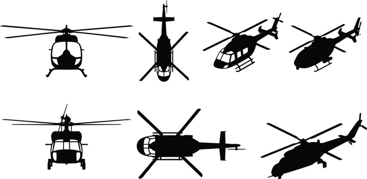 Helicopter Silhouette Icon Set with Different Helicopter Models and Top, Side, and Front Views for Aviation