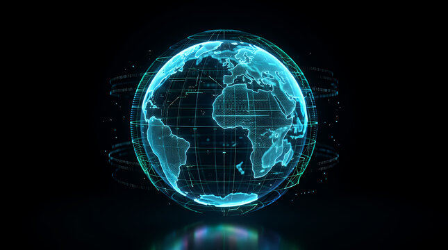 Globe hologram glows with vibrant blue light and intricate digital grid lines against a stark black background to represent global connectivity and modern technological advancements in data.