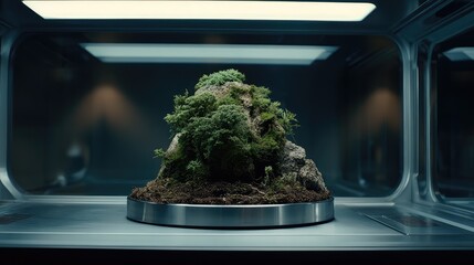 Fototapeta premium Miniature rocky mound with moss and tiny plants forming a contained ecosystem inside a sleek lab terrarium, evoking futuristic botanical research and space habitat study