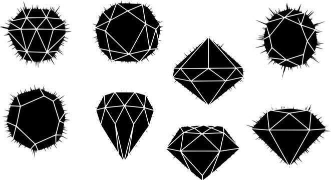 Multiple black irregular polygonal shapes with subtle grey shadows, creating an isometric 3D effect, scattered on a, isolated on white background
