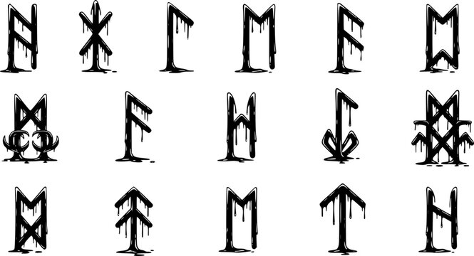 Collection of ancient Norse Elder Futhark runes symbols dripping black ink or slime, dark occult magic icons set,, isolated on white background
