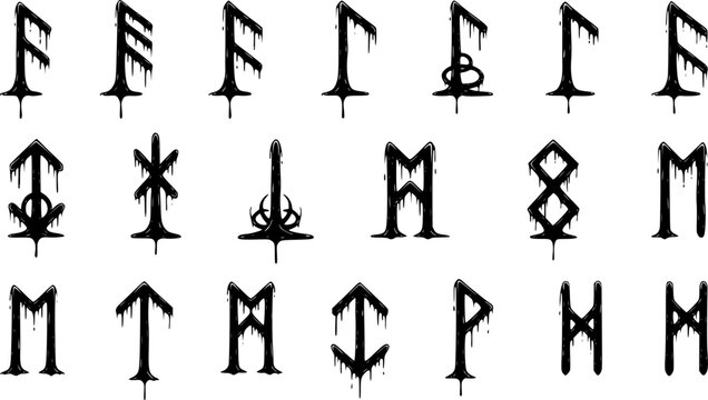 Collection of ancient Norse Elder Futhark runes symbols dripping black ink or slime, dark occult magic icons set,, isolated on white background
