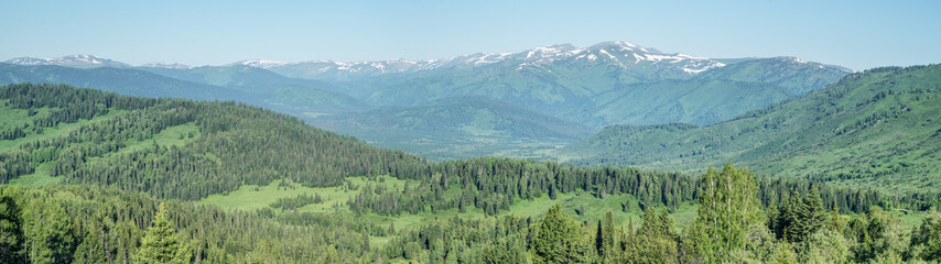 Fototapeta premium Panoramic view of the mountain valley, summer greenery, green forests and snow-capped mountain peaks sunny day
