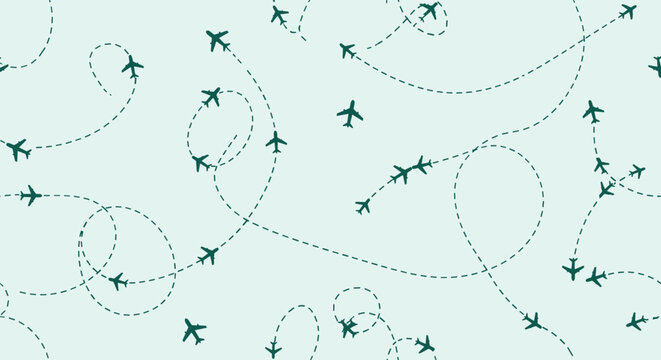 Seamless pattern featuring dark green airplane silhouettes flying in various directions with curved dotted line flight paths on light blue.