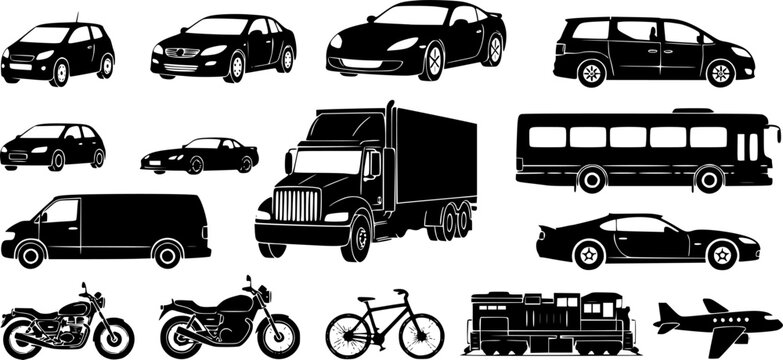 Flat vector illustration of black vehicle silhouettes, diverse transportation from small cars to large trucks,, isolated on white background
