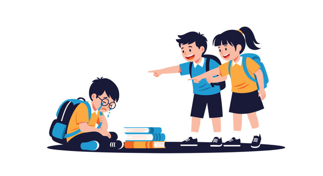 Scene showing school bullying where two children are pointing and laughing at a crying boy sitting on the floor with his books.