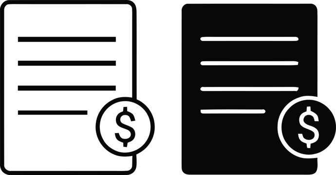 Two simple of a document with dollar sign coin, one outlined, one solid black paper money