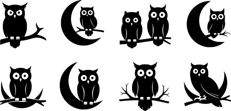 Eight black owl silhouettes with prominent white eyes perched on crescent moons in various poses, minimalist flat vector, isolated on white background
