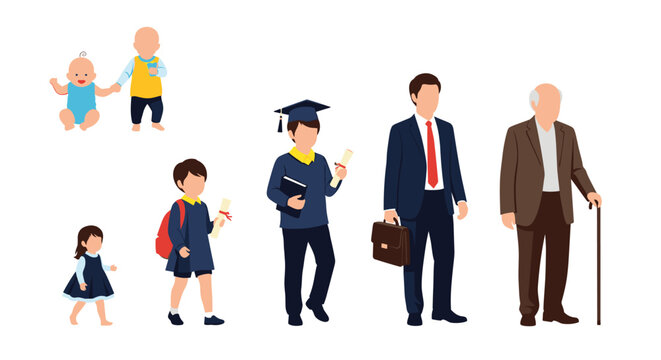 Illustration showing the various life stages of a male character from an infant toddler student graduate professional and senior.