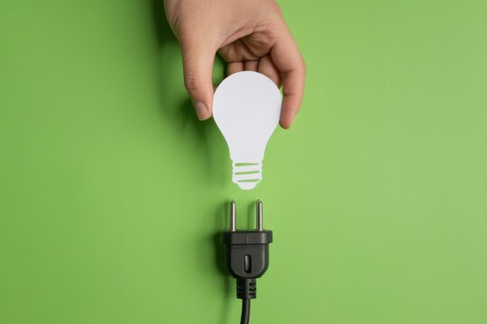 A hand holds a light bulb above a disconnected electrical plug on green