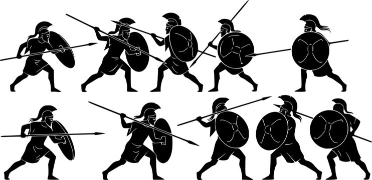 Eight black silhouette ancient Greek or Roman warriors with spears and round shields in dynamic combat poses, a, isolated on white background

