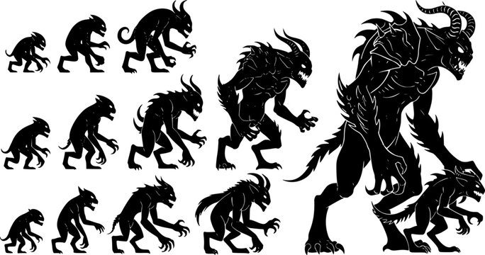 Collection of dark fantasy demon and devil silhouettes performing rituals and kneeling in worship, menacing monster, isolated on white background
