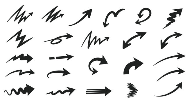Diverse collection of twenty four hand drawn black ink arrow sketches showing various directions curves and scribbled styles.