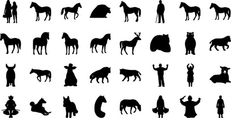 Fototapeta premium Comprehensive collection of black silhouette vector icons featuring diverse people, horses, and wild animals, presented, isolated on white background 