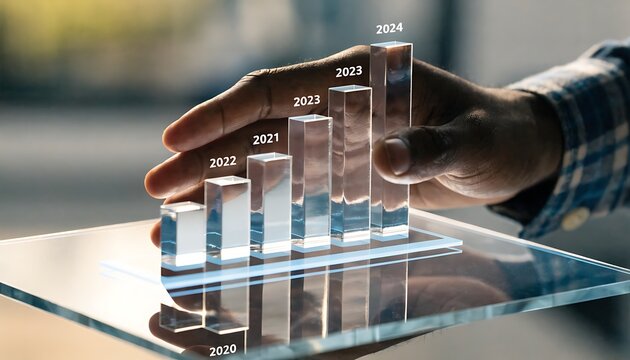 A person's hand interacting with a holographic 3d bar graph displaying financial growth from 2020 to 2024, symbolizing business progress and data