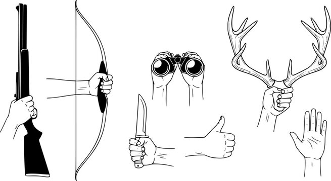 Flat vector hands holding hunting rifle, bow, binoculars, knife, antlers, thumbs up, and stop sign gesture., isolated on white background
