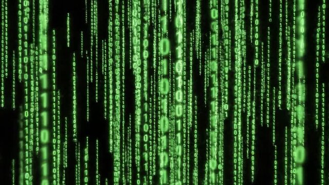 Green Binary Code Falling Data Stream Motion Graphic Video Backdrop for Digital Technology Presentation