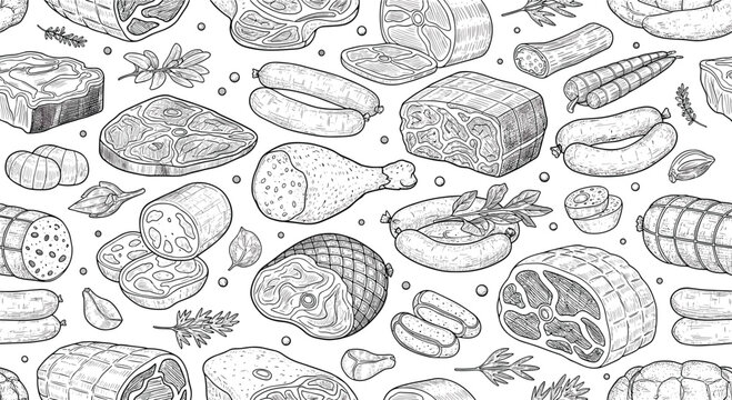 Detailed hand drawn seamless pattern of various meat products including steak sausages chicken legs and ham on white background.