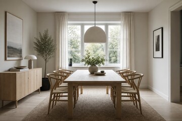 Fototapeta premium Modern minimalist dining room with natural light, wooden table and chairs, neutral-toned decor, hanging pendant light, and potted plant by large windows