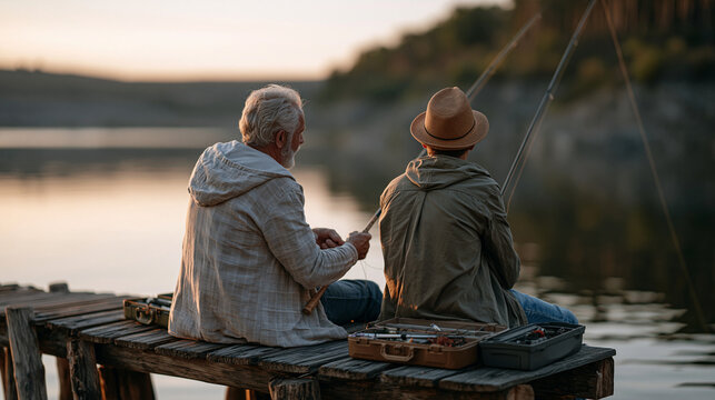Father and adult son fishing from a weathered wooden dock at sunrise on a glassy lake, tackle boxes open beside them, the older man demonstrating knot-tying technique in a quiet candid unposed momen