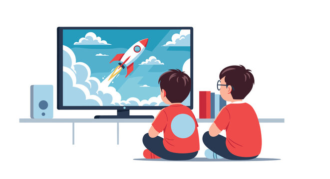 Two young boys sitting on the floor and watching an exciting rocket launch live broadcast on a large flat screen television.