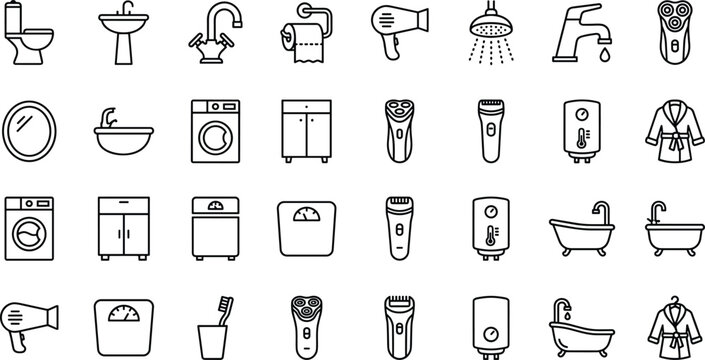 Bathroom and Personal Care Icon Set with Toilet, Sink, Shower, Bathtub, Hair Dryer, Shaver, and Washing Machine
