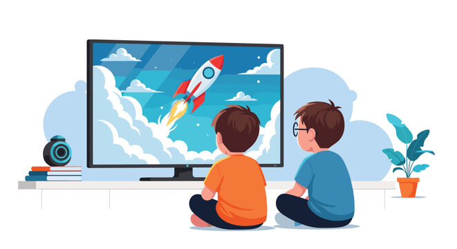 Two young boys watching a rocket take off on a large television screen in a modern living room with a plant and speaker.