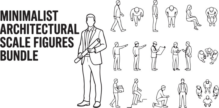 Minimalist architectural scale figures bundle, outline vector people for floor plans, black and white human silhouettes for building sections