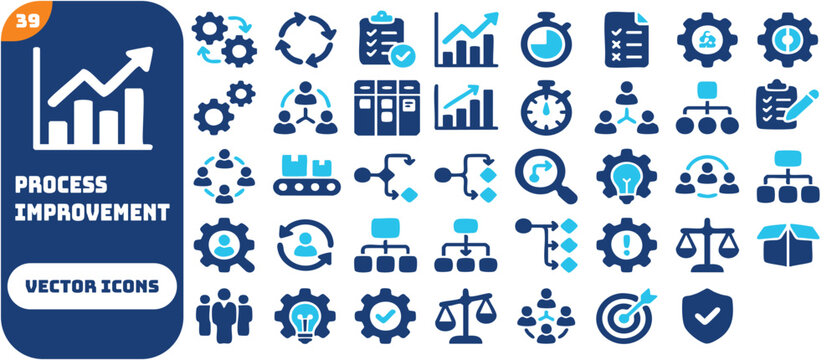 Process improvement and workflow solid icon set. Featuring process optimization, continuous improvement, agile workflow, and cost reduction. Vector icons for business operations and presentations.