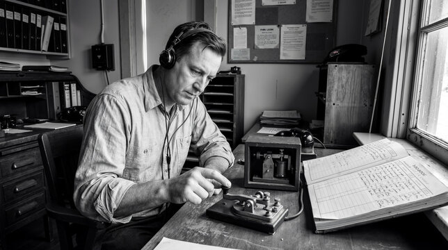 Vintage Radio Operator Using Morse Code Key in Retro Office Setting