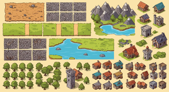 Isometric fantasy game map constructor, medieval village buildings and landscape tiles, cartoon world map creator set with trees and mountains