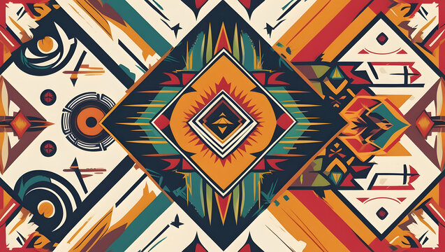 Tribal geometric pattern with ethnic motifs, southwestern style abstract background, bohemian textile design in earthy orange and teal tones