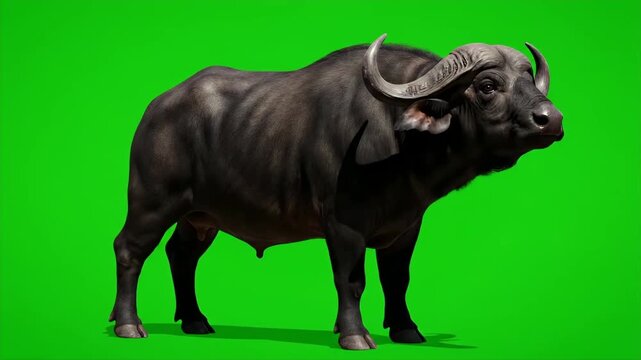 A large brown buffalo stands on a green screen with its head turned.