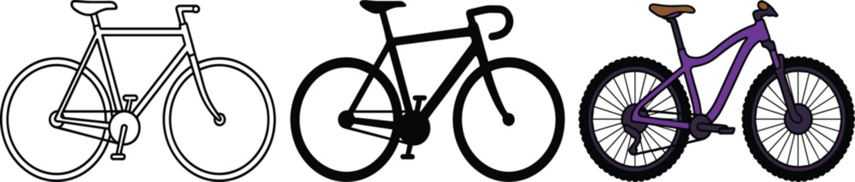 Bicycle Icon Set with Road Bike, Mountain Bike, and Minimalist Line Style for Cycling and Transportation