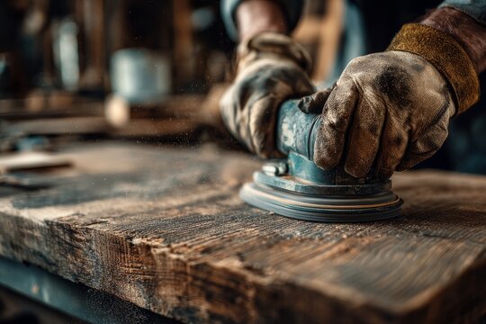 Close-up of a woodworker hands in protective gloves using an electric sander on a wooden plank