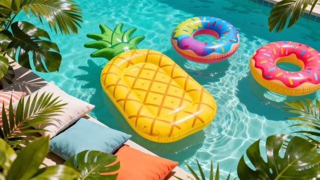 Pool with inflatable floats and tropical plants