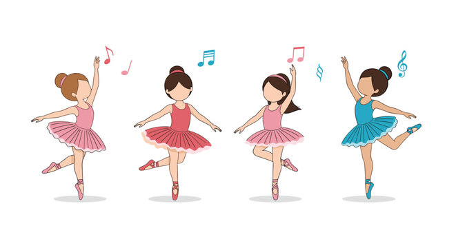 Adorable young girls in colorful tutus performing ballet dances with musical notes floating around them in a flat style.